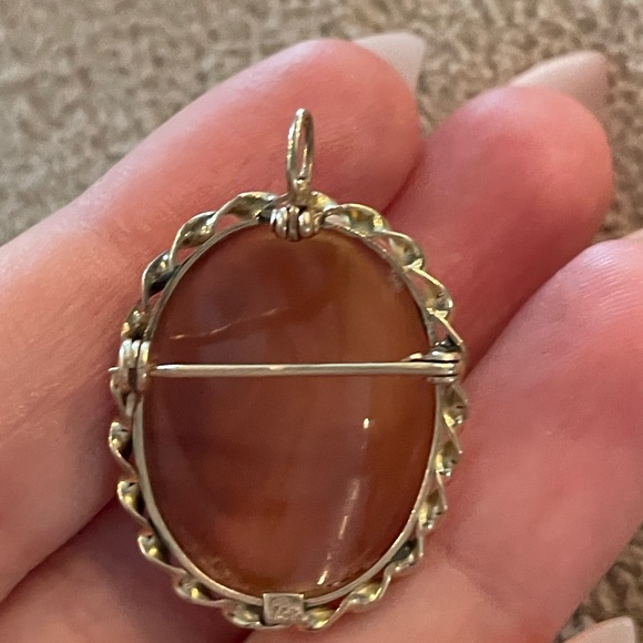 Vintage 14k Gold Concave Carved Shell Cameo Twist Wavy Frame Pendant Brooch Pin - Picture 7 of 8